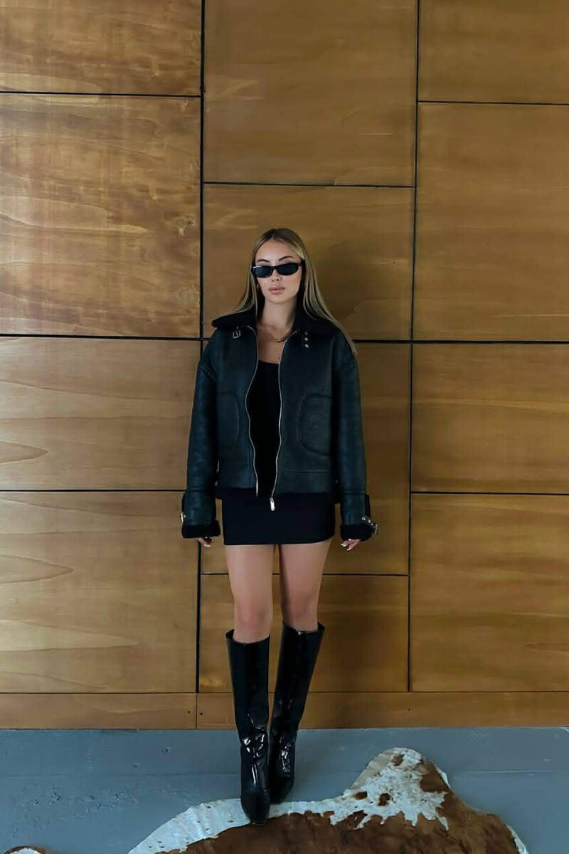 BELT DETAILS FLUFFY WOMEN JACKET BLACK/ E ZEZE - 8