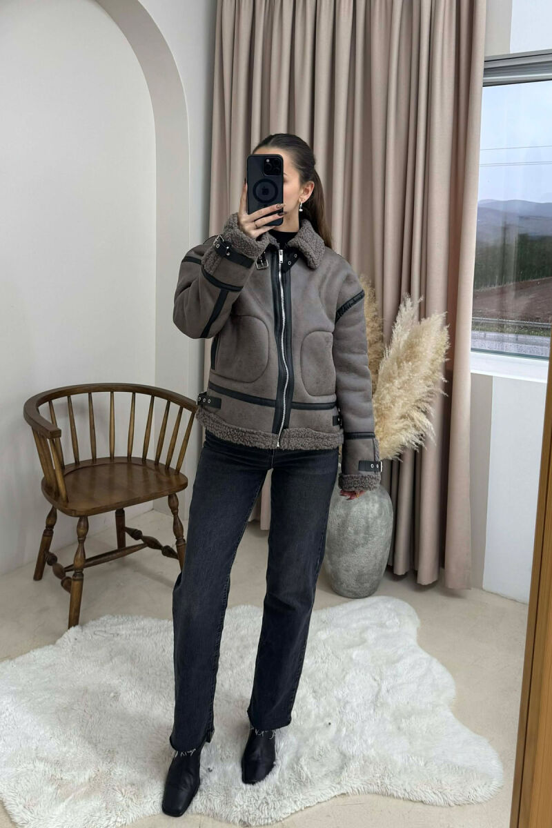 BELT DETAILS FLUFFY WOMEN JACKET DARK GREY/GEE - 2