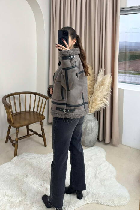 BELT DETAILS FLUFFY WOMEN JACKET DARK GREY/GEE - 3