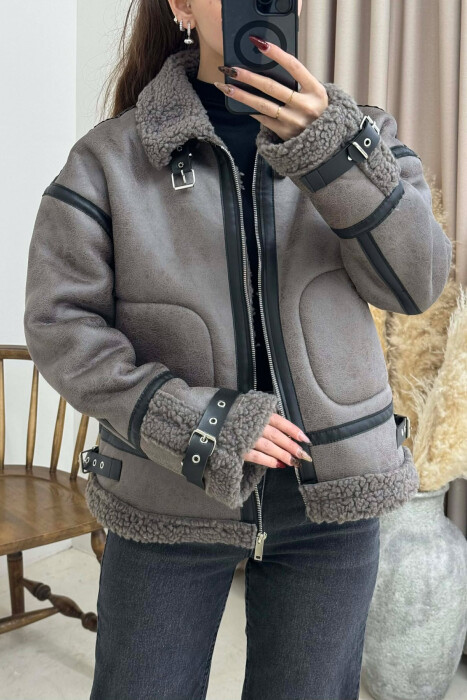BELT DETAILS FLUFFY WOMEN JACKET DARK GREY/GEE - 4