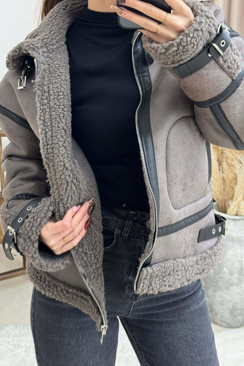 BELT DETAILS FLUFFY WOMEN JACKET DARK GREY/GEE - 5