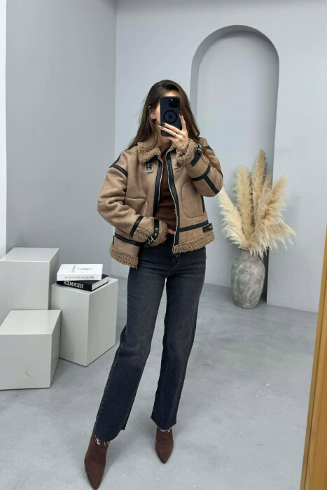 BELT DETAILS FLUFFY WOMEN JACKET LIGHT BROWN/KAZB - KLAUDIO FASHION