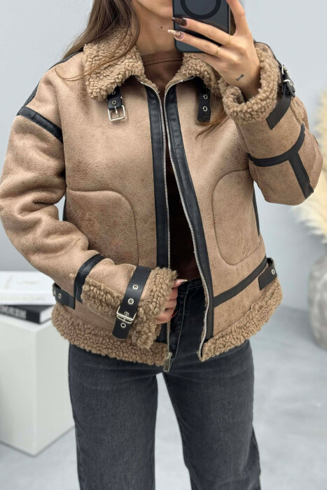 BELT DETAILS FLUFFY WOMEN JACKET LIGHT BROWN/KAZB - KLAUDIO FASHION