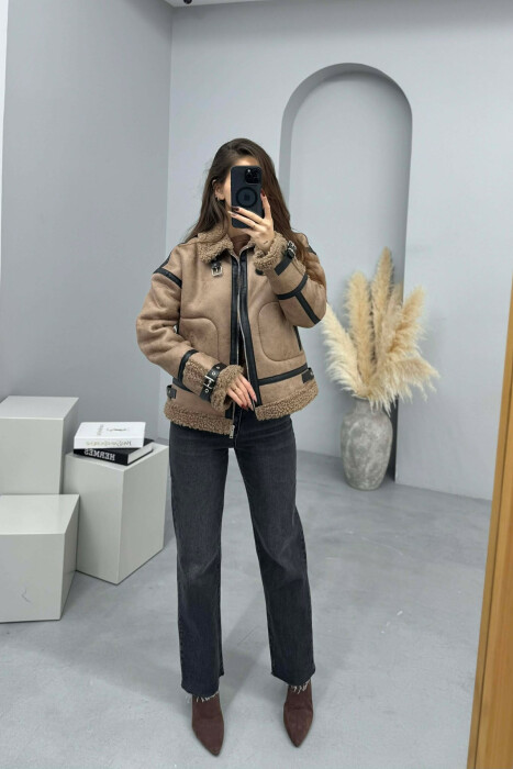 BELT DETAILS FLUFFY WOMEN JACKET LIGHT BROWN/KAZB - 2