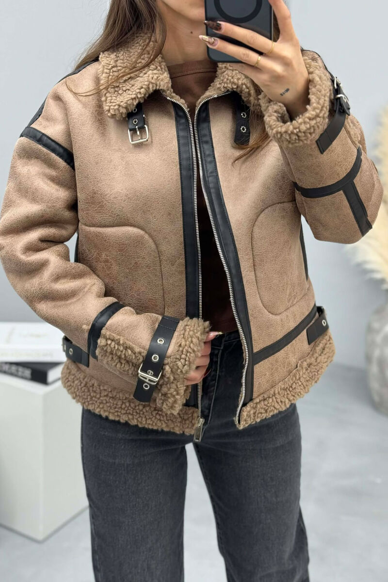 BELT DETAILS FLUFFY WOMEN JACKET LIGHT BROWN/KAZB - 3