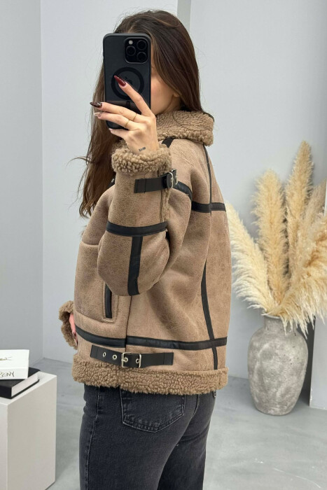 BELT DETAILS FLUFFY WOMEN JACKET LIGHT BROWN/KAZB - 4
