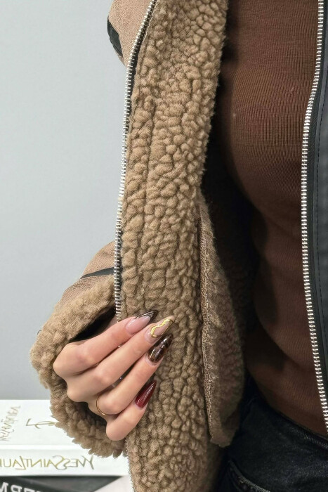 BELT DETAILS FLUFFY WOMEN JACKET LIGHT BROWN/KAZB - 5