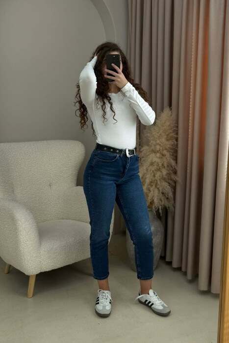 BELT MOM FRIEND DENIM WOMAN JEANS BLUE/BLU - KLAUDIO FASHION