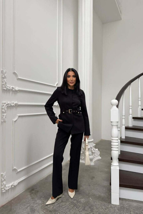 BELT ONE COLOR JACKET+TROUSERS WOMEN SET BLACK/ E ZEZE - KLAUDIO FASHION