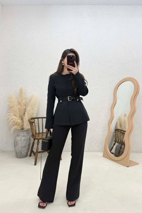 BELT ONE COLOR JACKET+TROUSERS WOMEN SET BLACK/ E ZEZE 