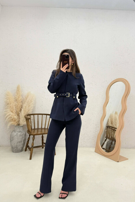 BELT ONE COLOR JACKET+TROUSERS WOMEN SET BLUE/BLU - 1