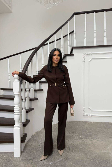 BELT ONE COLOR JACKET+TROUSERS WOMEN SET BROWN/KAFE - 1
