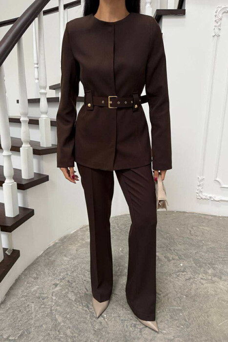 BELT ONE COLOR JACKET+TROUSERS WOMEN SET BROWN/KAFE - 2