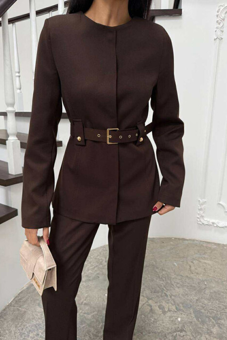 BELT ONE COLOR JACKET+TROUSERS WOMEN SET BROWN/KAFE - 3