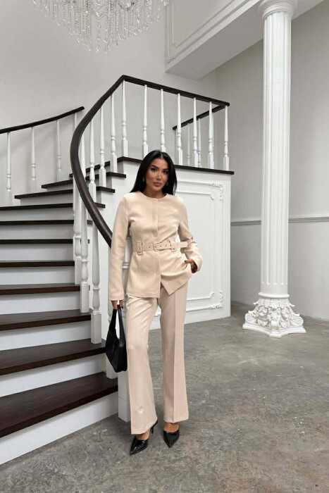 BELT ONE COLOR JACKET+TROUSERS WOMEN SET CREAM/KREM - KLAUDIO FASHION