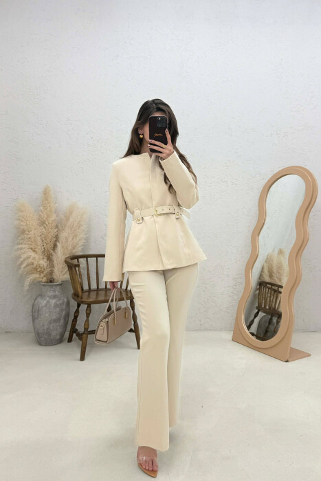BELT ONE COLOR JACKET+TROUSERS WOMEN SET CREAM/KREM 