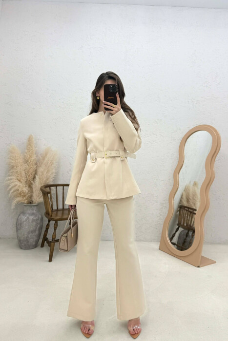 BELT ONE COLOR JACKET+TROUSERS WOMEN SET CREAM/KREM - 2
