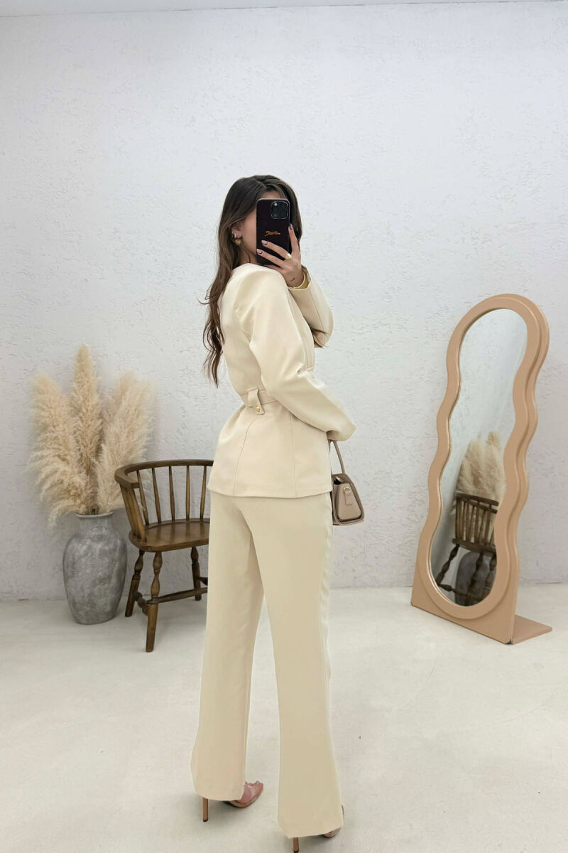 BELT ONE COLOR JACKET+TROUSERS WOMEN SET CREAM/KREM - 3
