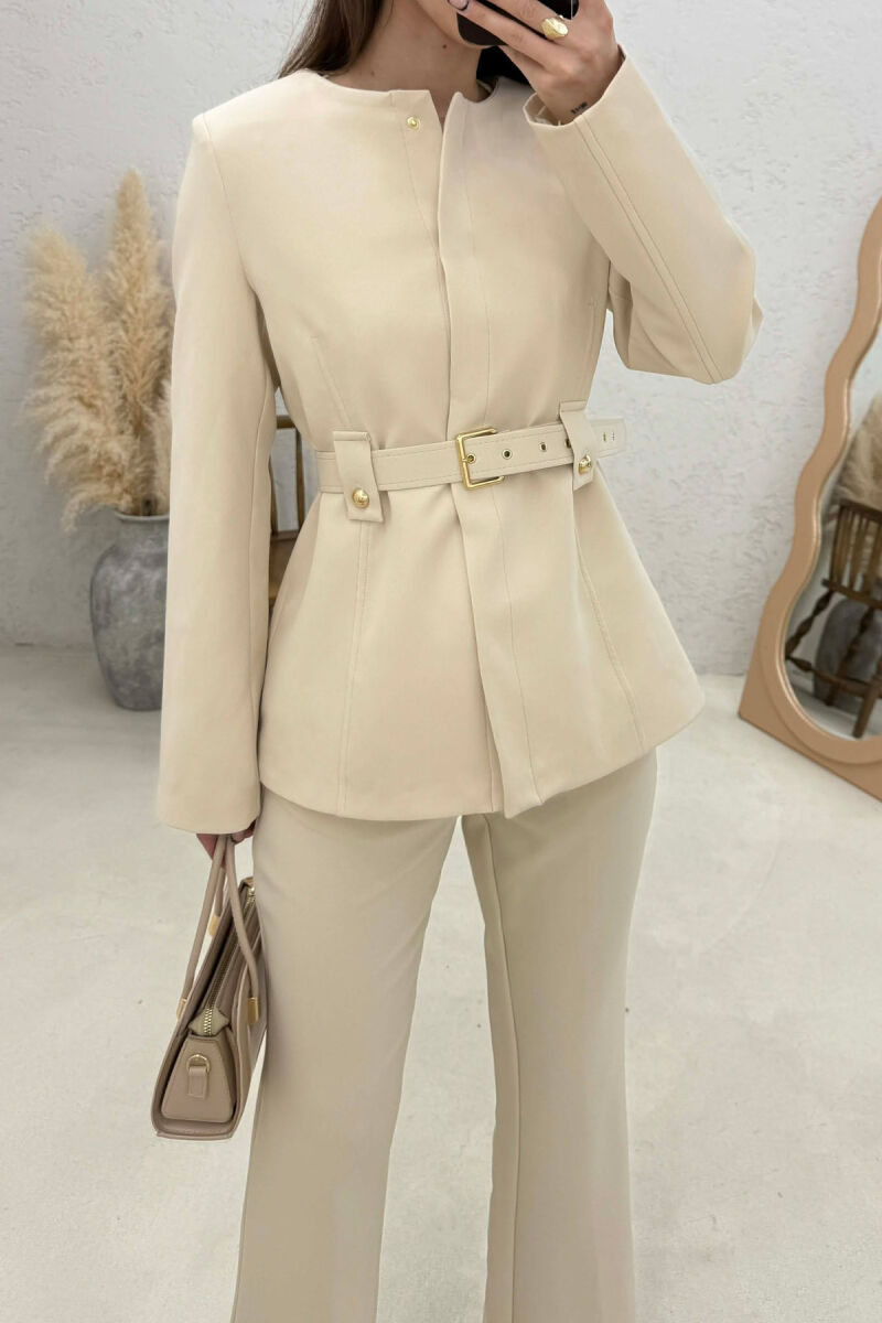 BELT ONE COLOR JACKET+TROUSERS WOMEN SET CREAM/KREM - 5