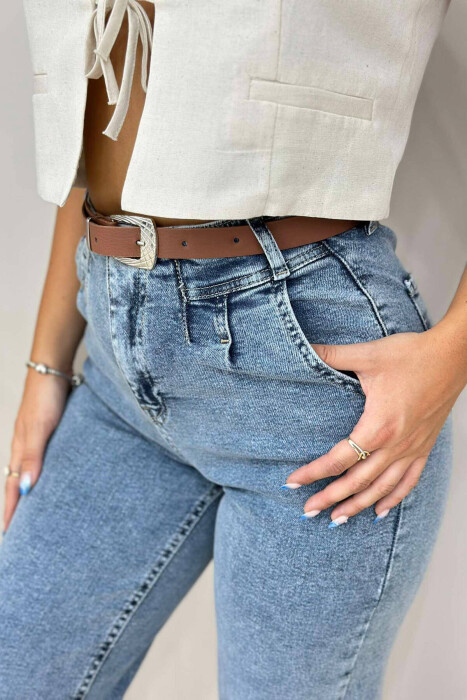 BELT WIDE LEG ONE COLOR SIMPLE WOMAN JEANS LIGHTBLUE/BZ - 4