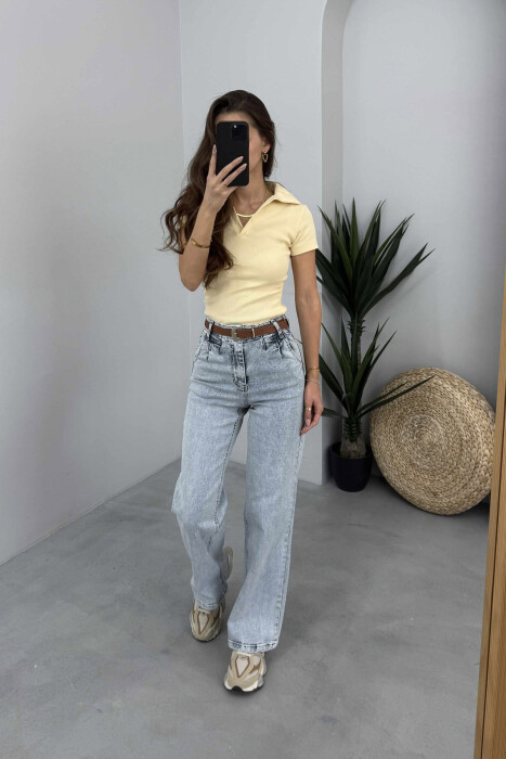 BELT WIDE LEG ONE COLOR SIMPLE WOMAN JEANS LIGHTBLUE/BZ - 2