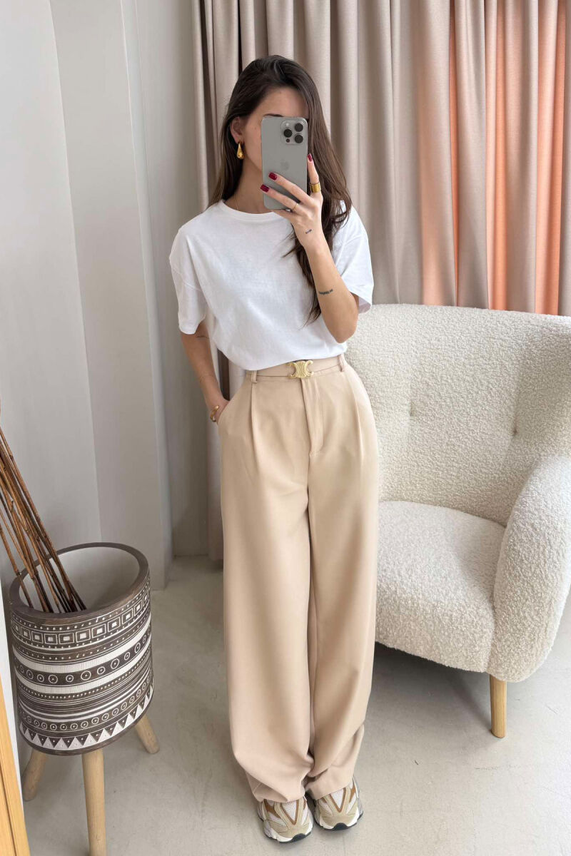 ONE COLOR BELT TROUSERS WOMAN CREAM/KREM - 2