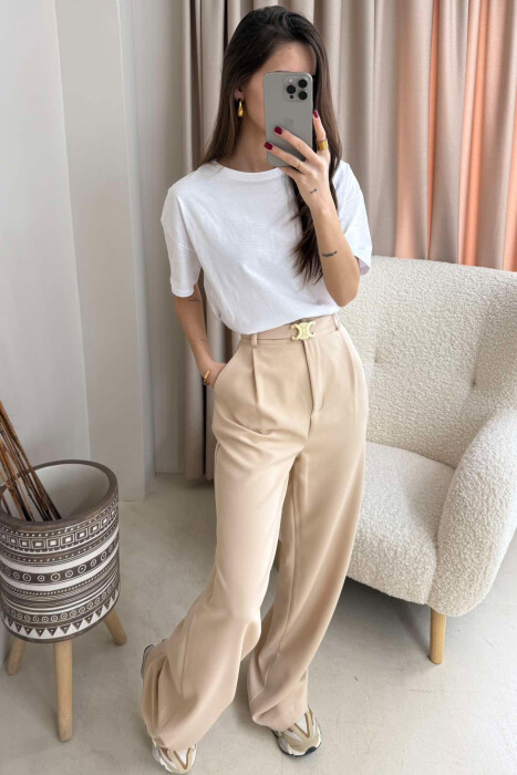 ONE COLOR BELT TROUSERS WOMAN CREAM/KREM - 3