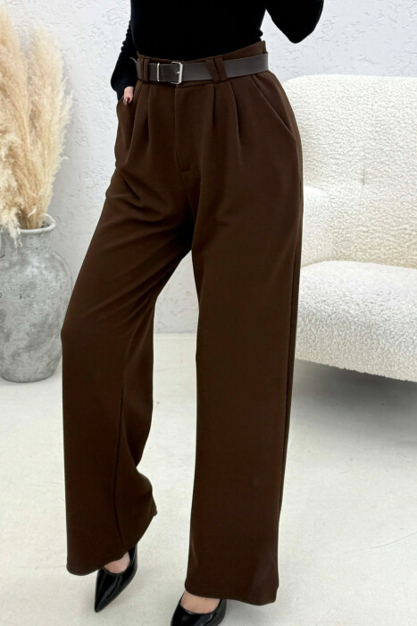 ONE COLOR BELT WOMEN TROUSERS BROWN/KAFE - 2