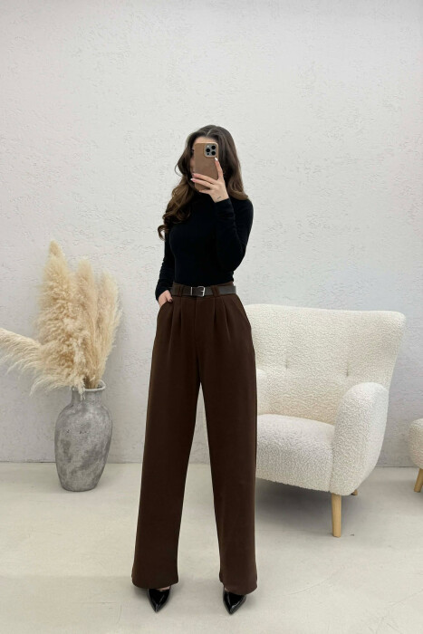 ONE COLOR BELT WOMEN TROUSERS BROWN/KAFE - 5