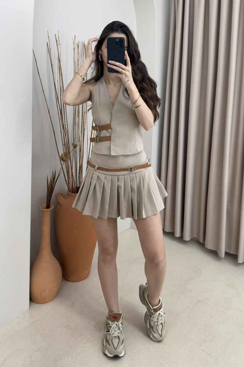 BELTED DETAIL VEST+SKORT WOMEN SET BEIGE/BEZHE - 1