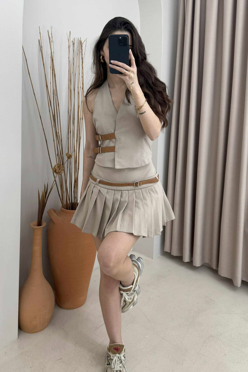BELTED DETAIL VEST+SKORT WOMEN SET BEIGE/BEZHE - 2