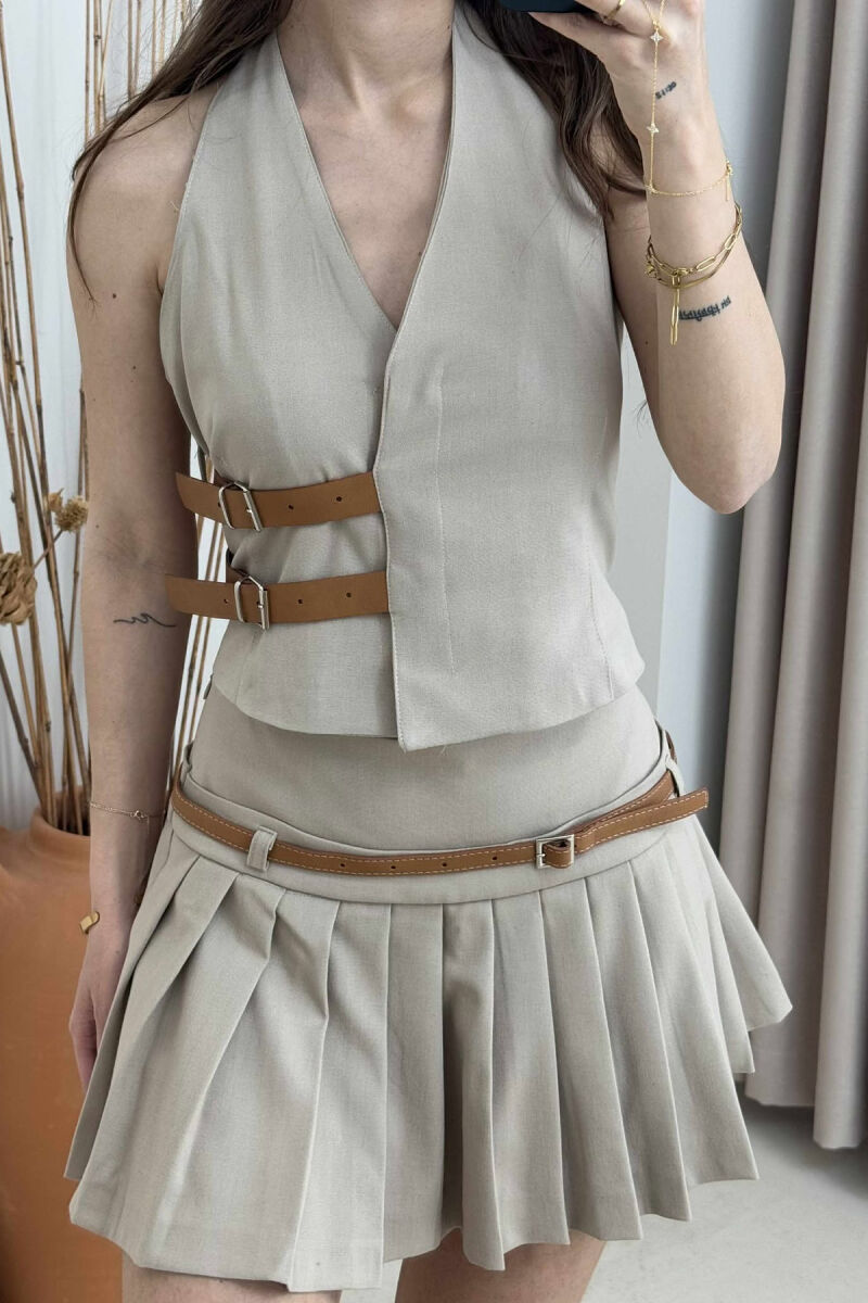 BELTED DETAIL VEST+SKORT WOMEN SET BEIGE/BEZHE - 3