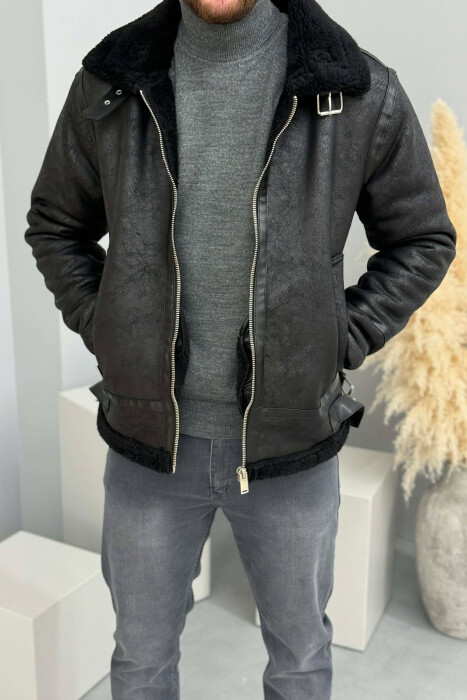 BELTED FLUFFY ZIPPERED MEN PUFFER JACKET BLACK/ E ZEZE 
