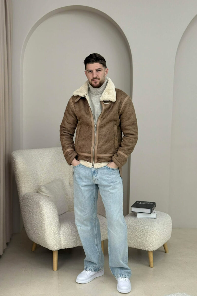 BELTED FLUFFY ZIPPERED MEN PUFFER JACKET BROWN/KAFE - 2