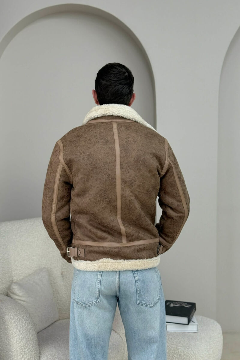 BELTED FLUFFY ZIPPERED MEN PUFFER JACKET BROWN/KAFE - 4