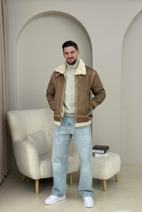 BELTED FLUFFY ZIPPERED MEN PUFFER JACKET BROWN/KAFE - 5