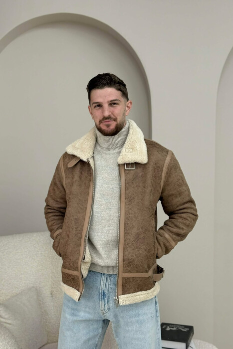 BELTED FLUFFY ZIPPERED MEN PUFFER JACKET BROWN/KAFE - 6