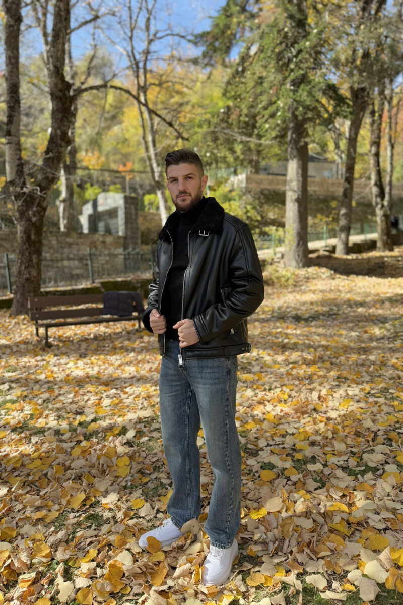 BELTED LEATHER+ PLUSH MEN JACKET WITH ZIPPERS BLACK/ E ZEZE - 1