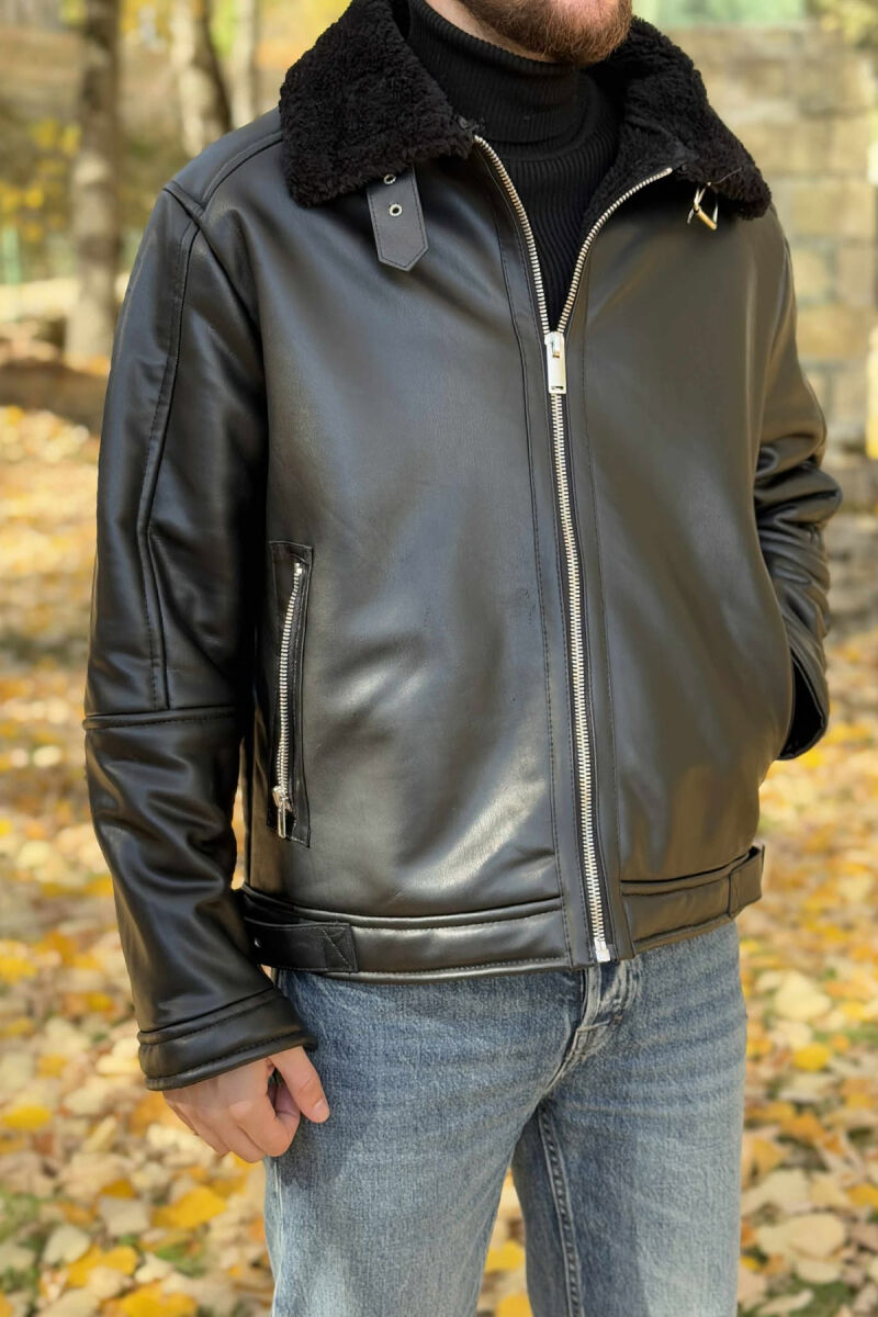 BELTED LEATHER+ PLUSH MEN JACKET WITH ZIPPERS BLACK/ E ZEZE - 2