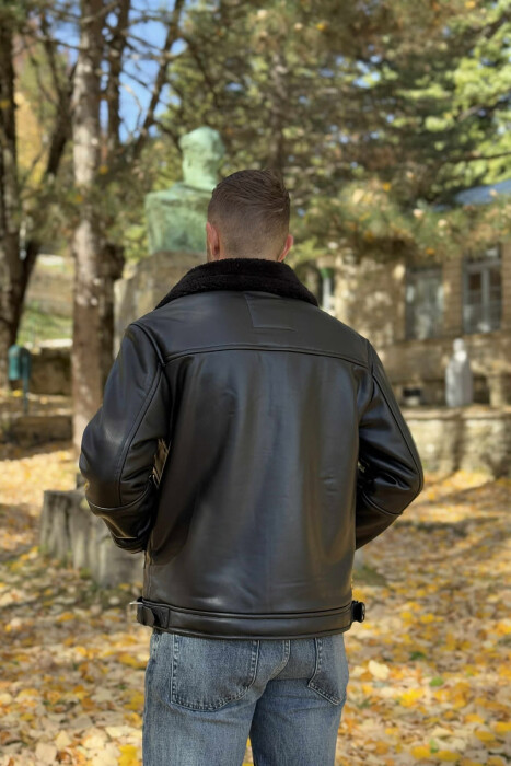 BELTED LEATHER+ PLUSH MEN JACKET WITH ZIPPERS BLACK/ E ZEZE - 4