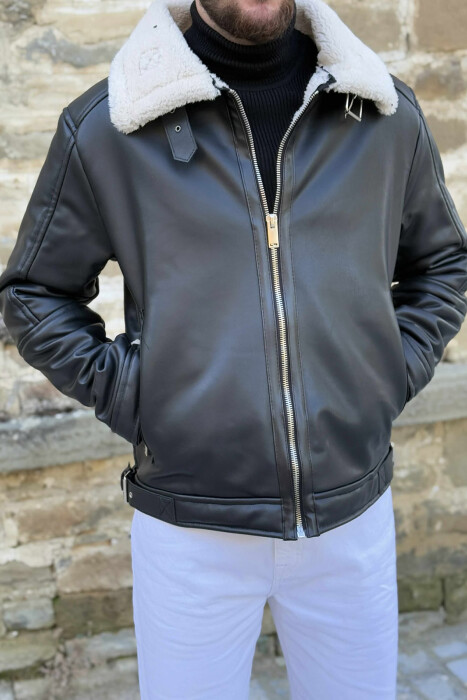BELTED LEATHER+ PLUSH MEN JACKET WITH ZIPPERS BLACK-WHITE/ZEBA 