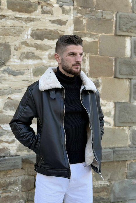 BELTED LEATHER+ PLUSH MEN JACKET WITH ZIPPERS BLACK-WHITE/ZEBA - 2