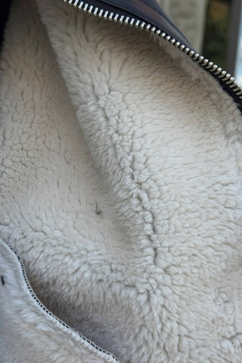 BELTED LEATHER+ PLUSH MEN JACKET WITH ZIPPERS BLACK-WHITE/ZEBA - 3