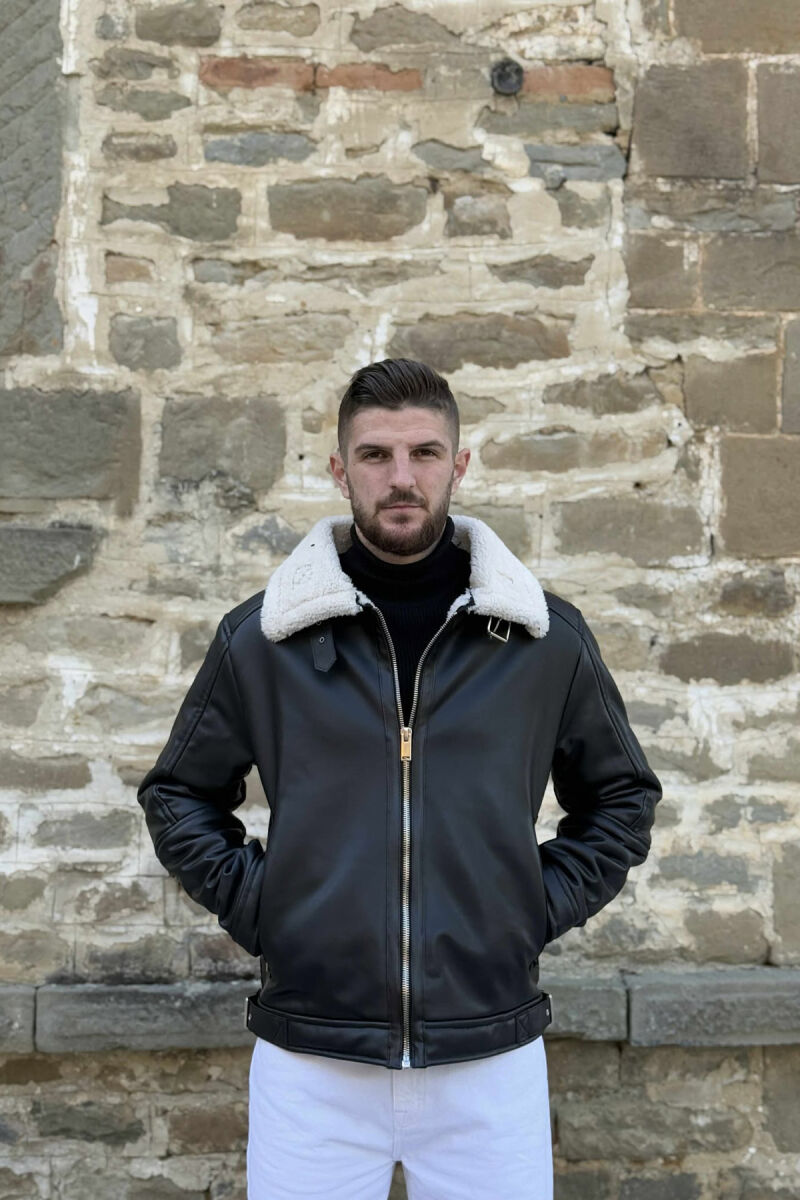 BELTED LEATHER+ PLUSH MEN JACKET WITH ZIPPERS BLACK-WHITE/ZEBA - 4