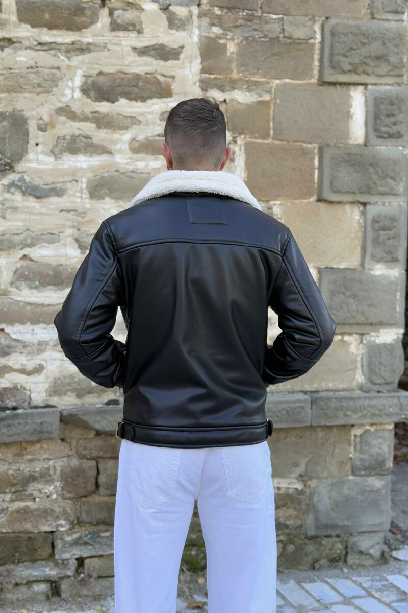 BELTED LEATHER+ PLUSH MEN JACKET WITH ZIPPERS BLACK-WHITE/ZEBA - 6
