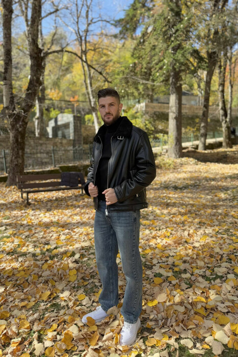 BELTED LEATHER+ PLUSH MEN JACKET WITH ZIPPERS BLACK/ E ZEZE 