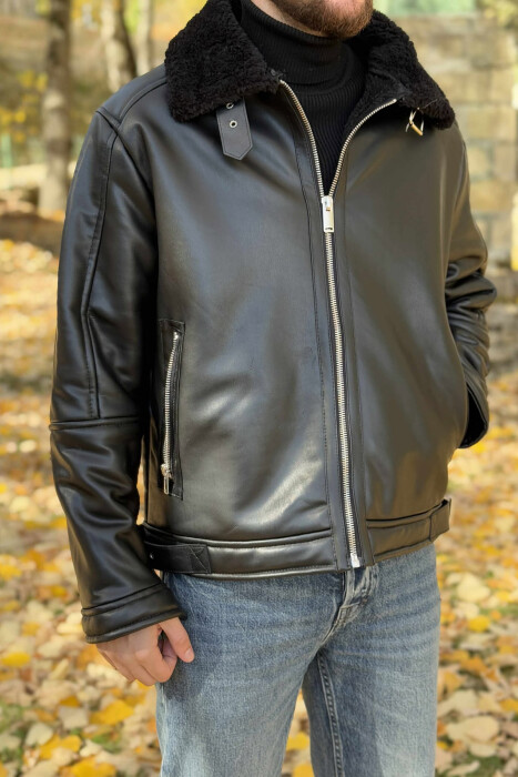 BELTED LEATHER+ PLUSH MEN JACKET WITH ZIPPERS BLACK/ E ZEZE 