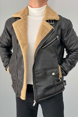 BELTED MEN JACKET WITH POCKETS BALCK+BEIGE ZEBZH 