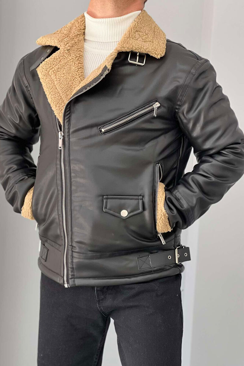 BELTED MEN JACKET WITH POCKETS BALCK+BEIGE ZEBZH - 2