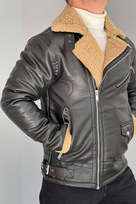 BELTED MEN JACKET WITH POCKETS BALCK+BEIGE ZEBZH - 5